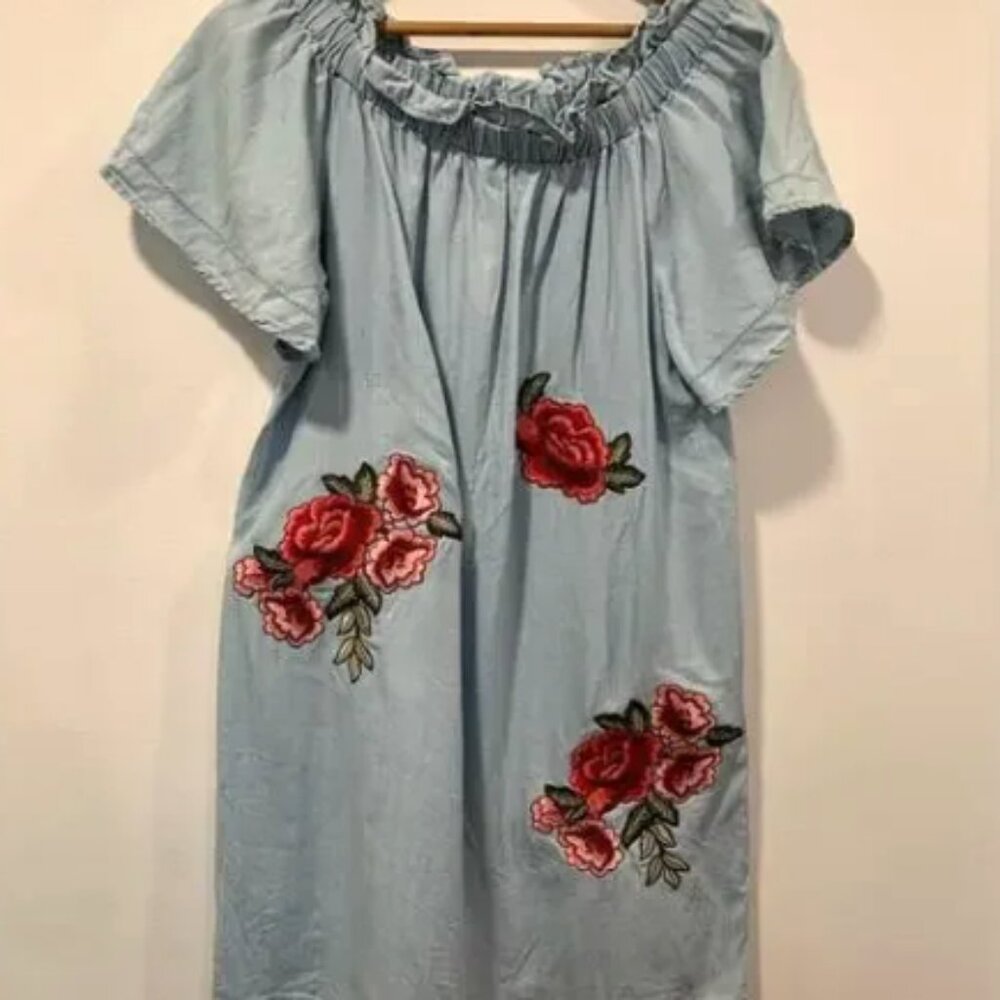 ANA Denim Rose Pedal Peasant Dress 32 Bust 30 Long Size Small/Med. CL1